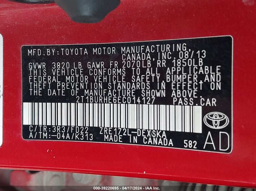 2014 TOYOTA COROLLA S PLUS - 2T1BURHE6EC014127