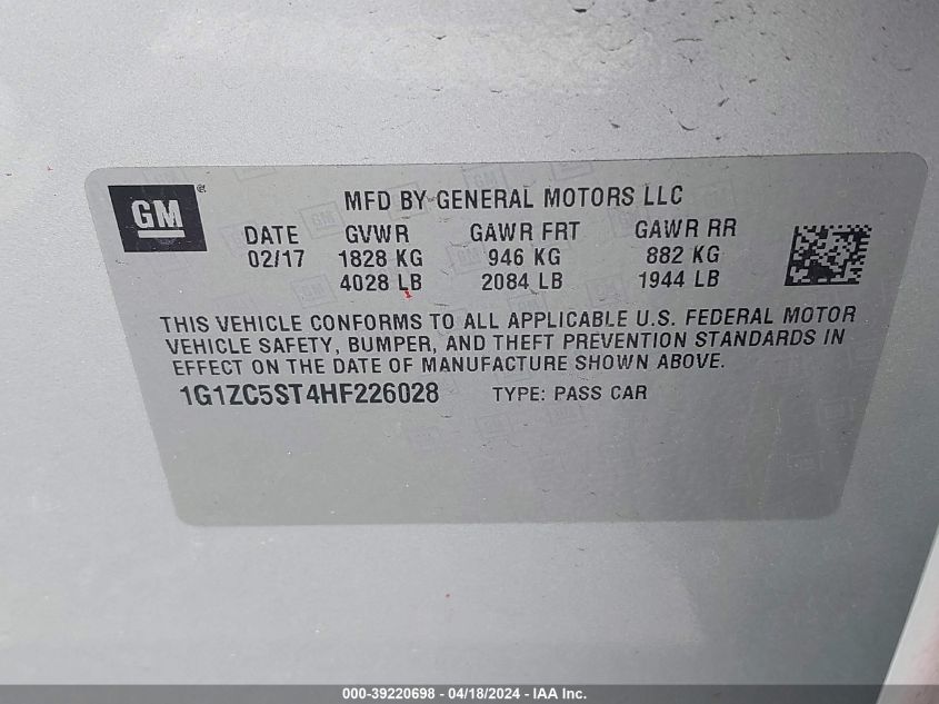2017 Chevrolet Malibu 1Fl VIN: 1G1ZC5ST4HF226028 Lot: 39220698
