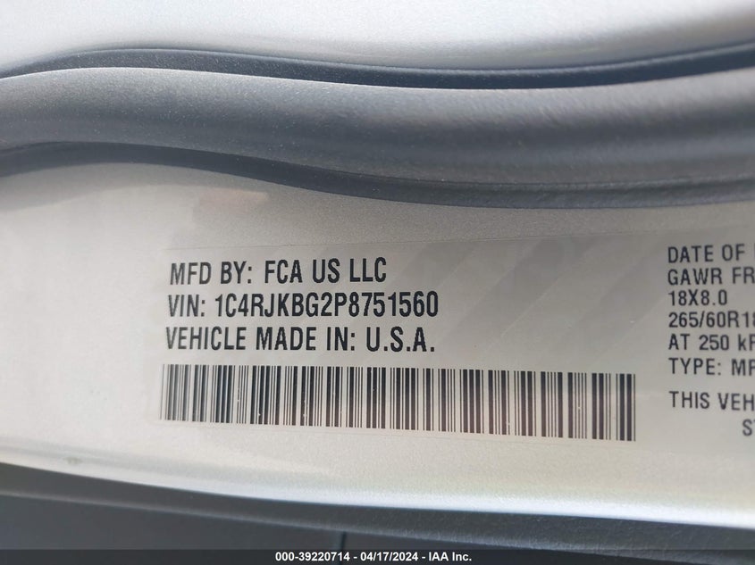 VIN 1C4RJKBG2P8751560 2023 JEEP GRAND CHEROKEE L LIMITED 4X4