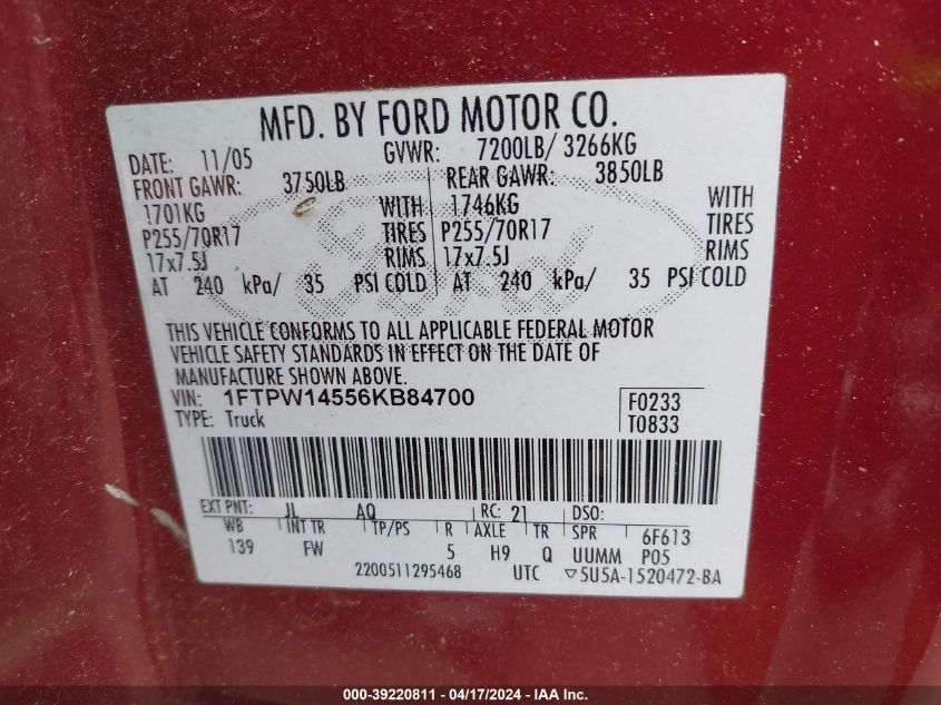 2006 Ford F-150 Fx4/Lariat/Xlt VIN: 1FTPW14556KB84700 Lot: 51215654