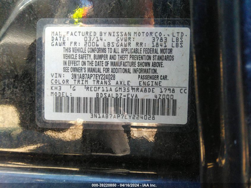 3N1AB7AP7EY224028 | 2014 NISSAN SENTRA