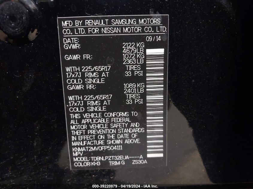 2015 Nissan Rogue S VIN: KNMAT2MV0FP504111 Lot: 39220879