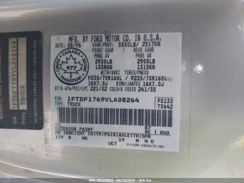 1997 Ford F-150 Lariat/Standard/Xl/Xlt VIN: 1FTDF1769VLA08264 Lot: 39220882