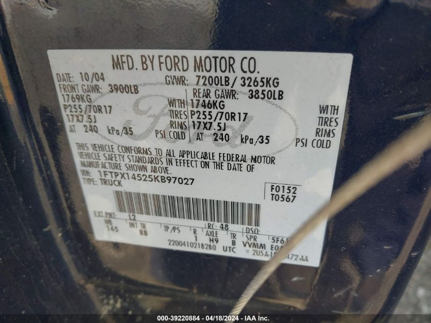 2005 Ford F-150 Fx4/Lariat/Xl/Xlt VIN: 1FTPX14525KB97027 Lot: 39220884