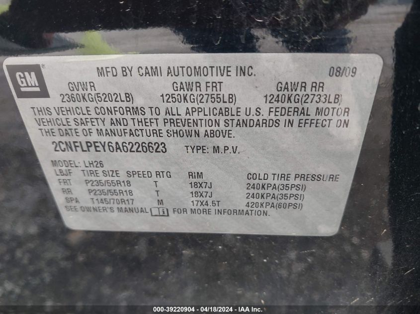 2010 Chevrolet Equinox Lt VIN: 2CNFLPEY6A6226623 Lot: 39220904