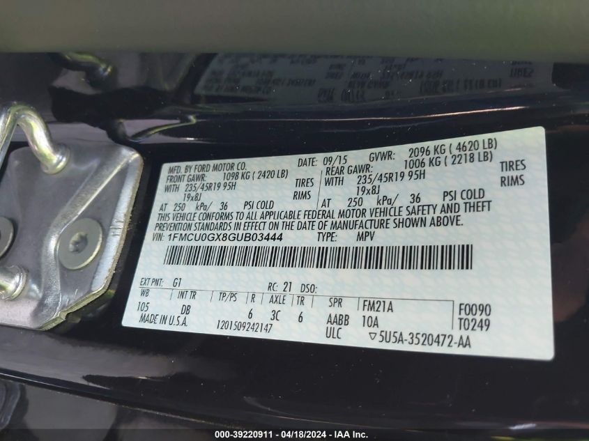 2016 Ford Escape Se VIN: 1FMCU0GX8GUB03444 Lot: 39220911