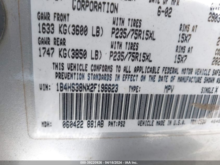 2002 Dodge Durango Sport VIN: 1B4HS38NX2F196623 Lot: 39220926