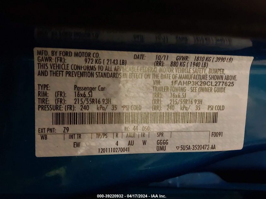 2012 Ford Focus Se VIN: 1FAHP3K29CL277625 Lot: 51089674