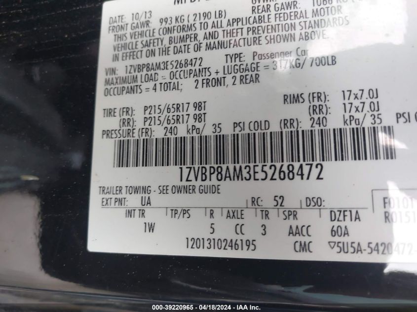 2014 Ford Mustang V6 VIN: 1ZVBP8AM3E5268472 Lot: 39220965