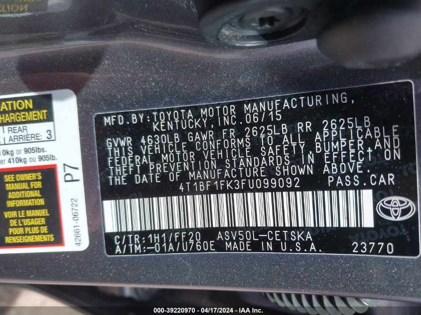 2015 Toyota Camry Se VIN: 4T1BF1FK3FU099092 Lot: 39230710