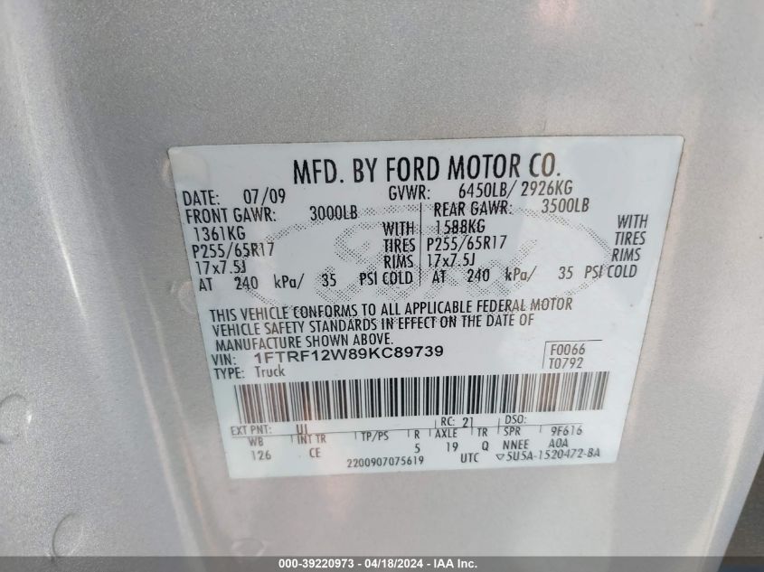 2009 Ford F-150 Stx/Xl/Xlt VIN: 1FTRF12W89KC89739 Lot: 39220973