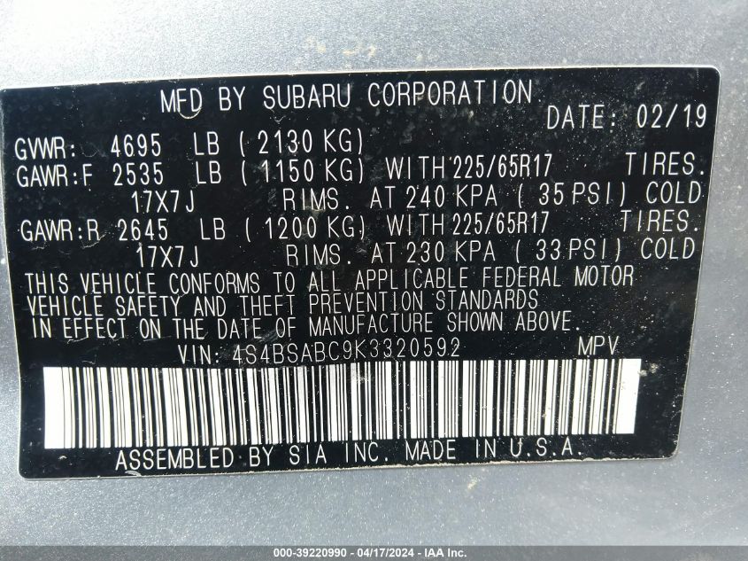 2019 Subaru Outback 2.5I VIN: 4S4BSABC9K3320592 Lot: 39230322