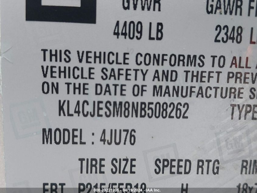 2022 Buick Encore Awd Preferred VIN: KL4CJESM8NB508262 Lot: 39221005