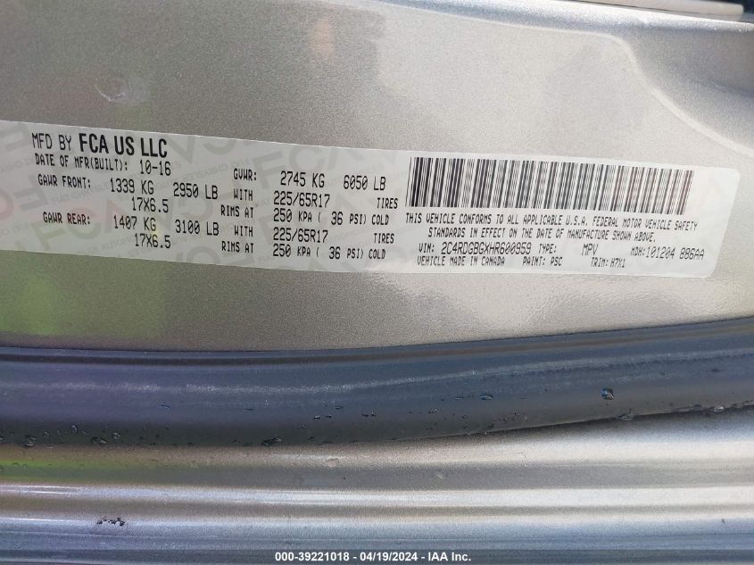 2017 Dodge Grand Caravan Se VIN: 2C4RDGBGXHR600959 Lot: 39221018