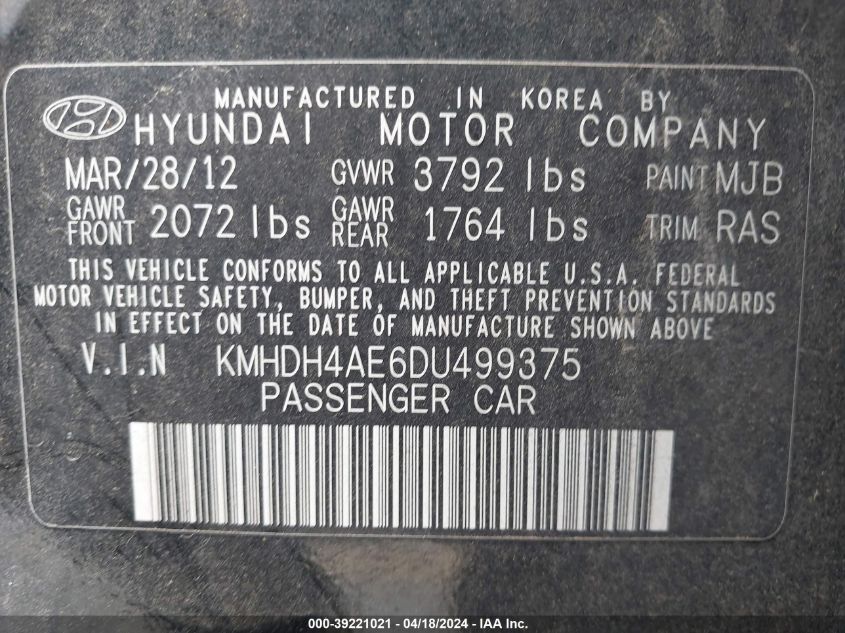 2013 Hyundai Elantra Gls VIN: KMHDH4AE6DU499375 Lot: 39221021