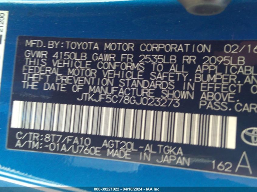 2016 Scion Tc VIN: JTKJF5C78GJ023273 Lot: 39221022