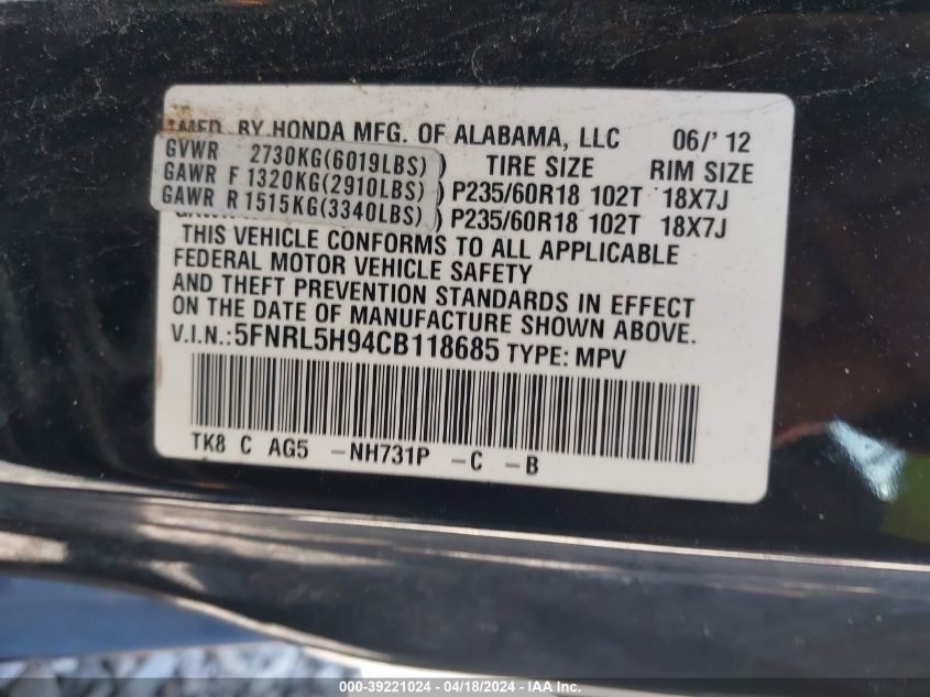 2012 Honda Odyssey Touring/Touring Elite VIN: 5FNRL5H94CB118685 Lot: 39221024