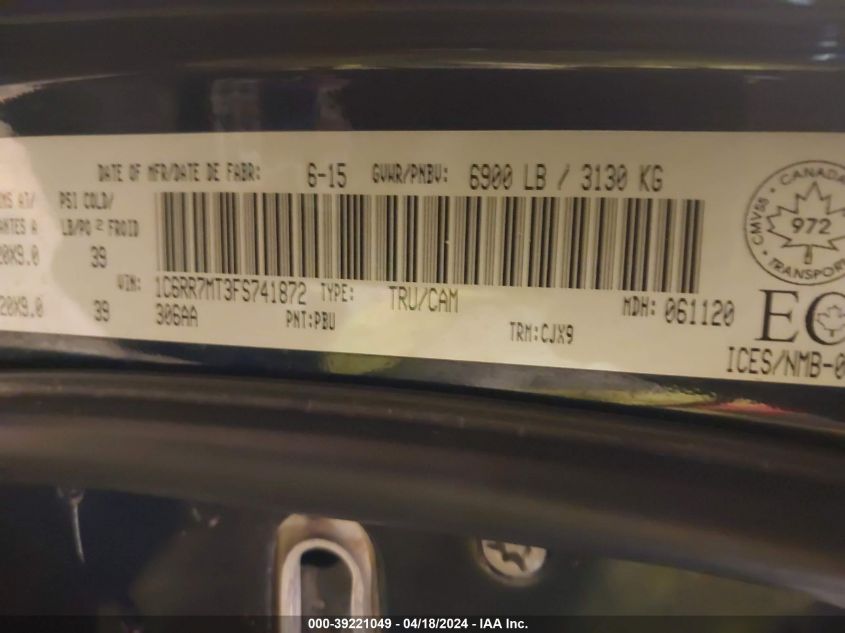 2015 Ram 1500 Sport VIN: 1C6RR7MT3FS741872 Lot: 39221049