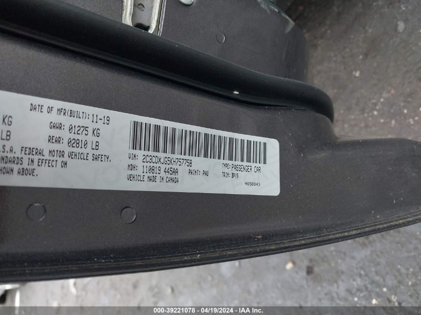 2019 Dodge Charger Sxt Awd VIN: 2C3CDXJG5KH757758 Lot: 39221078