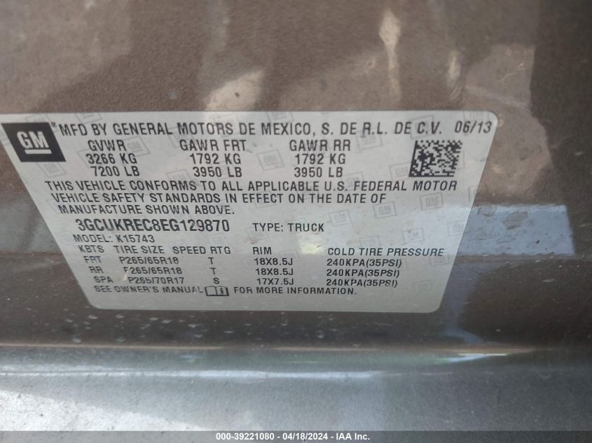 2014 Chevrolet Silverado 1500 1Lt VIN: 3GCUKREC8EG129870 Lot: 39221080