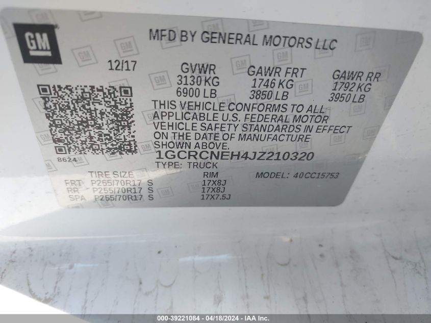 2018 Chevrolet Silverado 1500 Wt VIN: 1GCRCNEH4JZ210320 Lot: 39221084