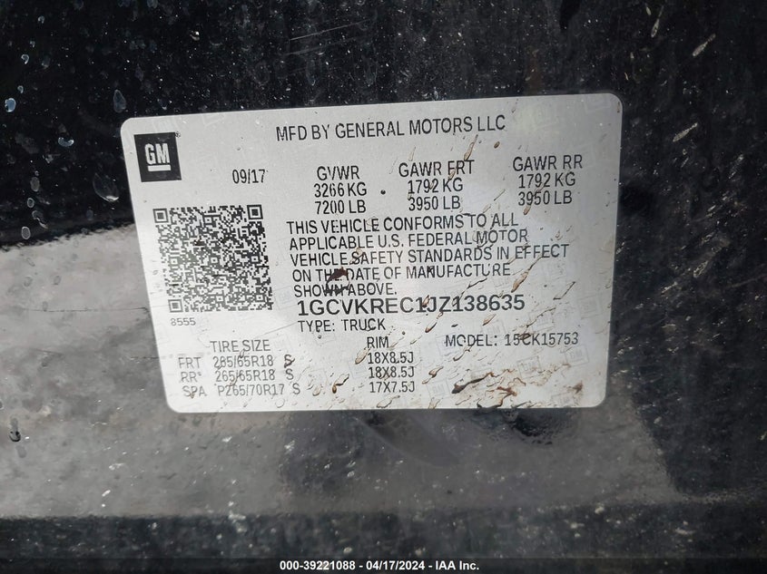 2018 Chevrolet Silverado 1500 2Lt VIN: 1GCVKREC1JZ138635 Lot: 39221088