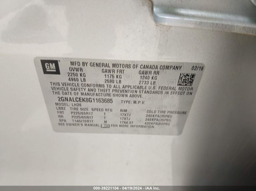 2016 Chevrolet Equinox Lt VIN: 2GNALCEK8G1163685 Lot: 39221104