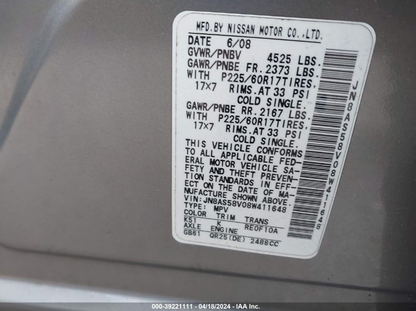 2008 Nissan Rogue Sl VIN: JN8AS58V08W411648 Lot: 39221111