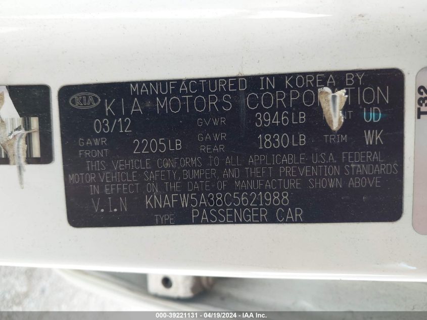 KNAFW5A38C5621988 2012 Kia Forte Sx