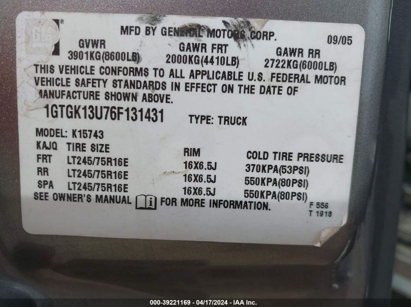 2006 GMC Sierra 1500Hd Sle1 VIN: 1GTGK13U76F131431 Lot: 39221169