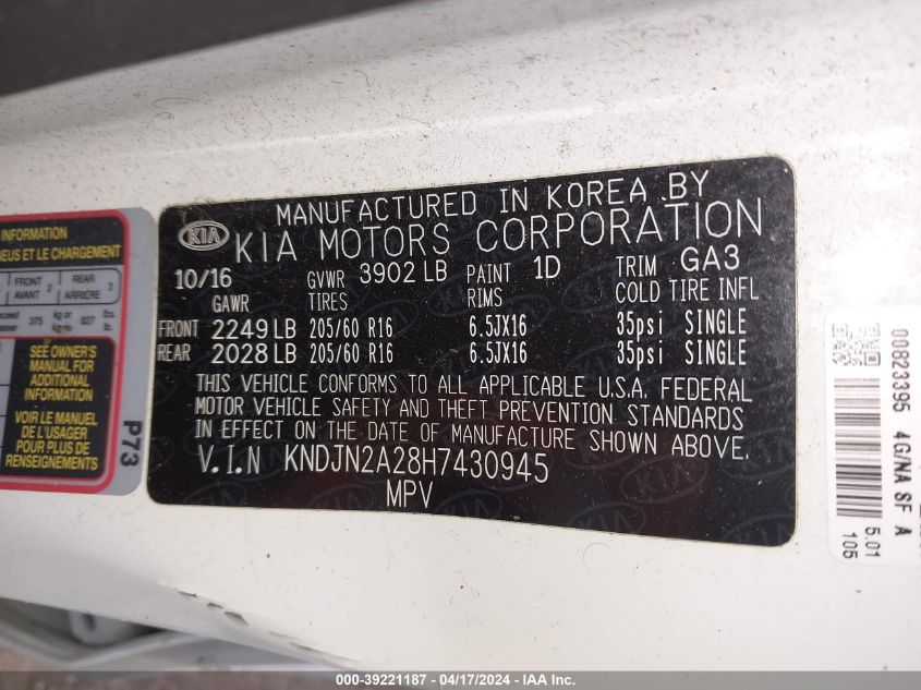 2017 Kia Soul VIN: KNDJN2A28H7430945 Lot: 39221187