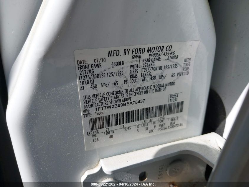 2011 Ford F-250 Lariat VIN: 1FT7W2B69BEA78437 Lot: 39221202