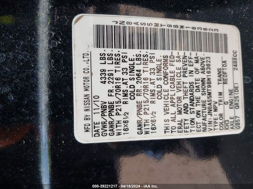 2011 Nissan Rogue S VIN: JN8AS5MT9BW163623 Lot: 39221217