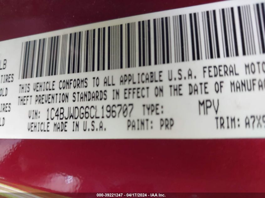 2012 Jeep Wrangler Unlimited Sport VIN: 1C4BJWDG6CL196707 Lot: 39221247