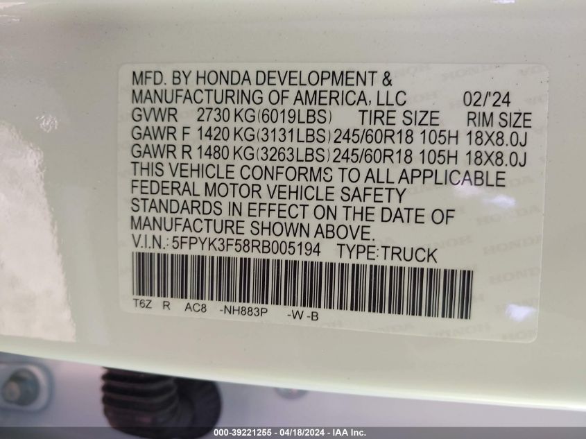 2024 Honda Ridgeline Rtl VIN: 5FPYK3F58RB005194 Lot: 39221255