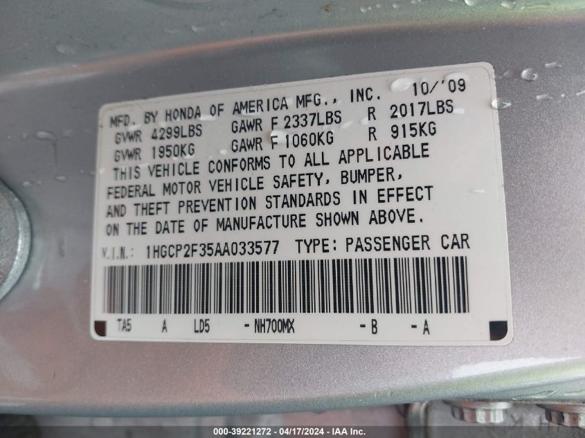 2010 Honda Accord 2.4 Lx VIN: 1HGCP2F35AA033577 Lot: 39221272