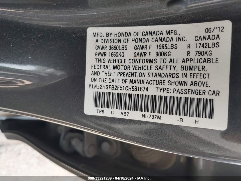 2012 Honda Civic Lx VIN: 2HGFB2F51CH581674 Lot: 39221289