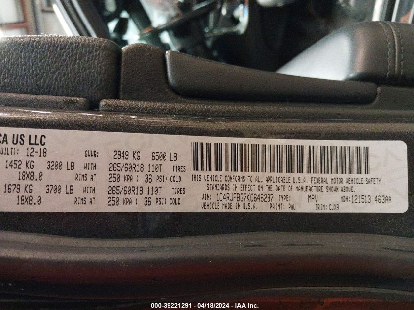 2019 Jeep Grand Cherokee Limited 4X4 VIN: 1C4RJFBG7KC646297 Lot: 39221291