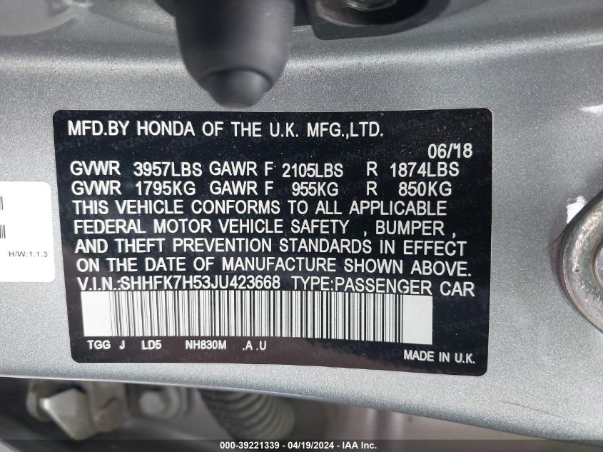 2018 Honda Civic Ex VIN: SHHFK7H53JU423668 Lot: 39221339