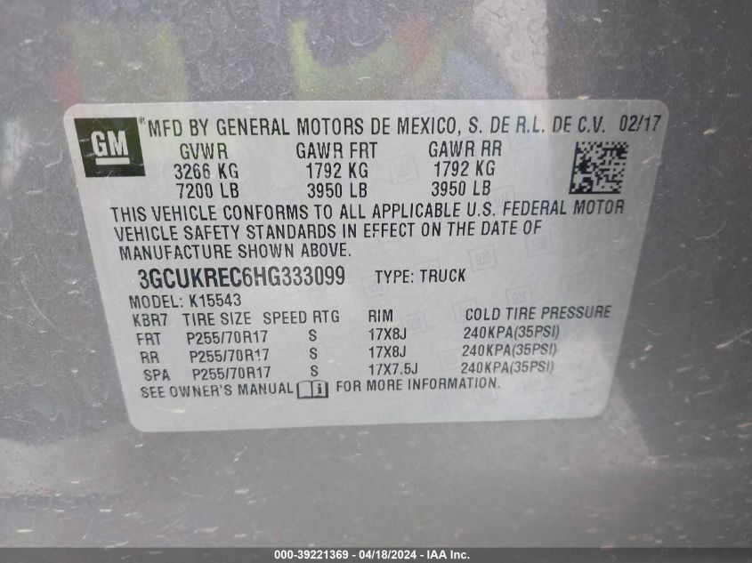 2017 Chevrolet Silverado 1500 1Lt VIN: 3GCUKREC6HG333099 Lot: 39221369