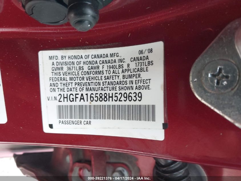 2008 Honda Civic Lx VIN: 2HGFA16588H529639 Lot: 39221376