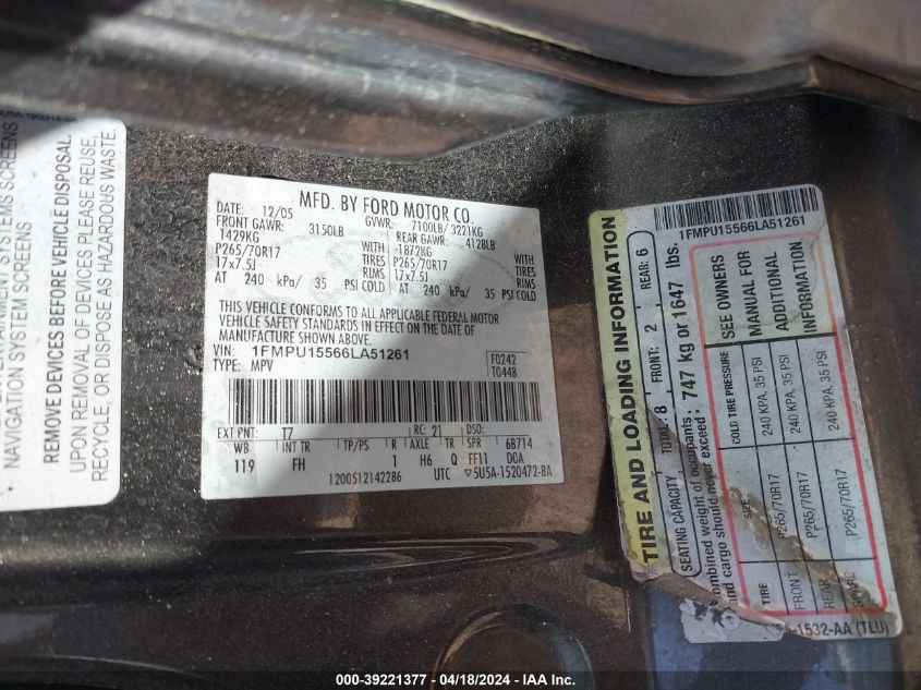 2006 Ford Expedition Xlt/Xlt Sport VIN: 1FMPU15566LA51261 Lot: 39221377