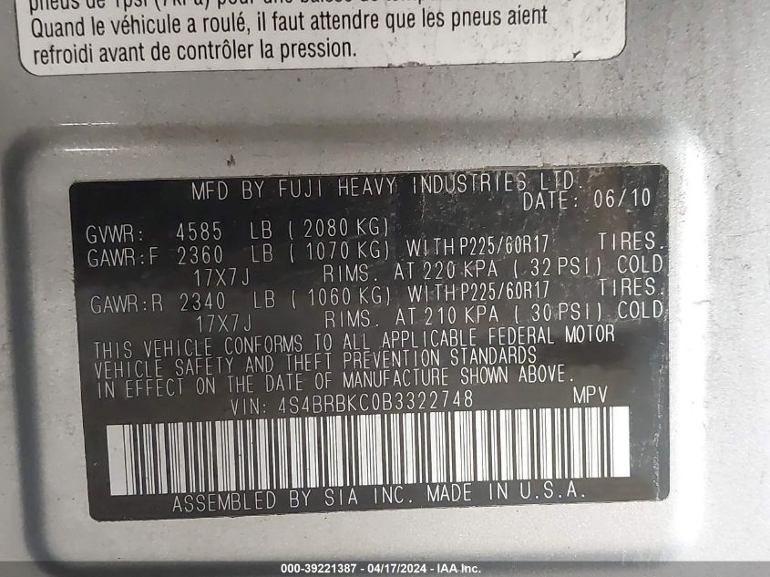 2011 Subaru Outback 2.5I Limited VIN: 4S4BRBKC0B3322748 Lot: 39221387