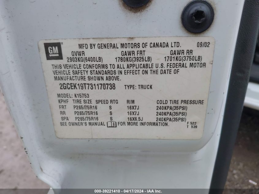 2003 Chevrolet Silverado 1500 Lt VIN: 2GCEK19T731170738 Lot: 39221410