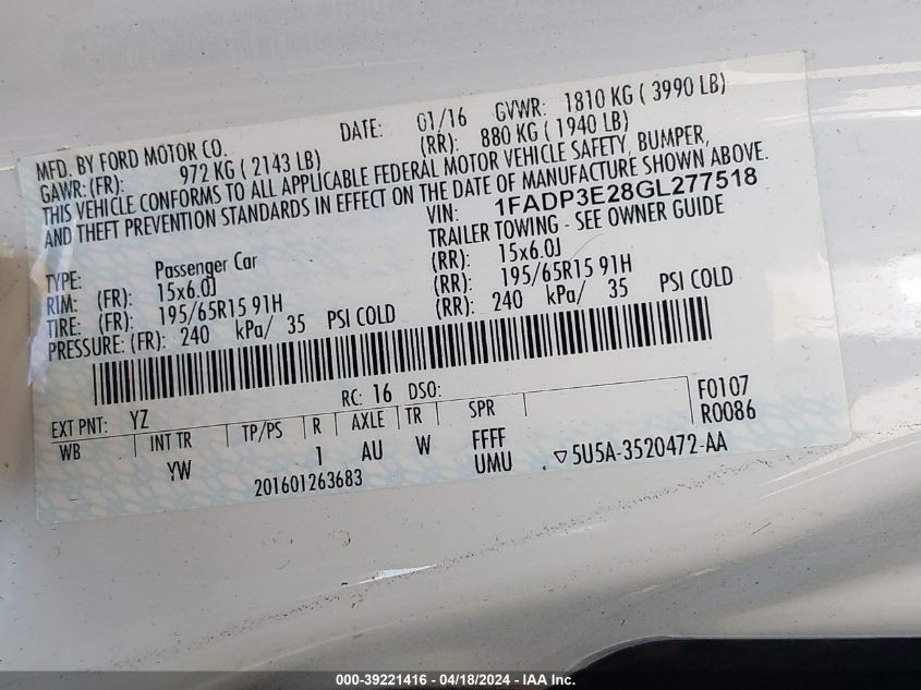 2016 Ford Focus S VIN: 1FADP3E28GL277518 Lot: 39221416