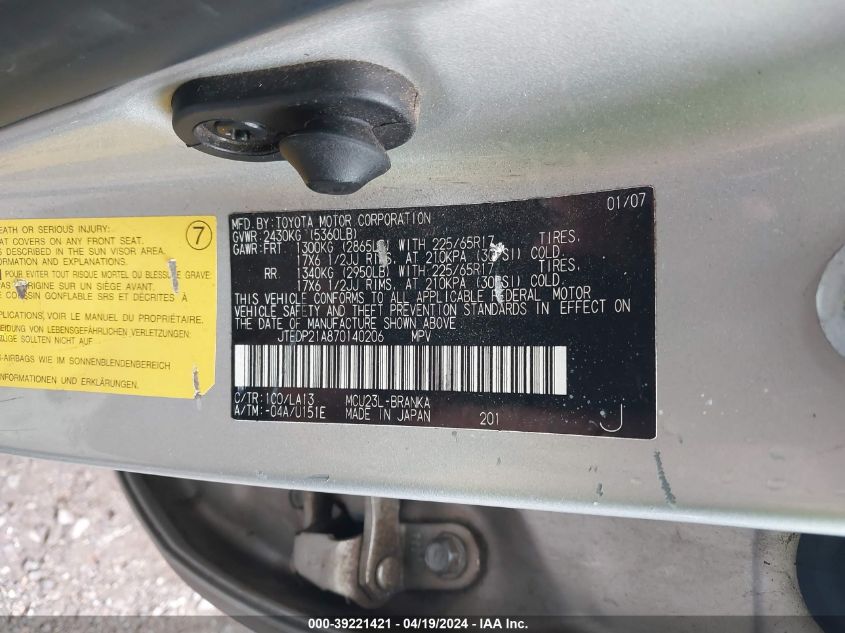 2007 Toyota Highlander Limited V6 VIN: JTEDP21A870140206 Lot: 39221421