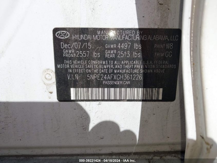 2016 Hyundai Sonata Se VIN: 5NPE24AFZGH361226 Lot: 39221424