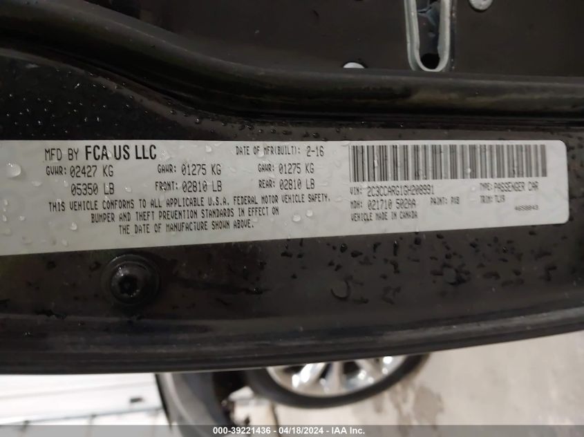 2016 Chrysler 300 Limited VIN: 2C3CCARG1GH208991 Lot: 39221436