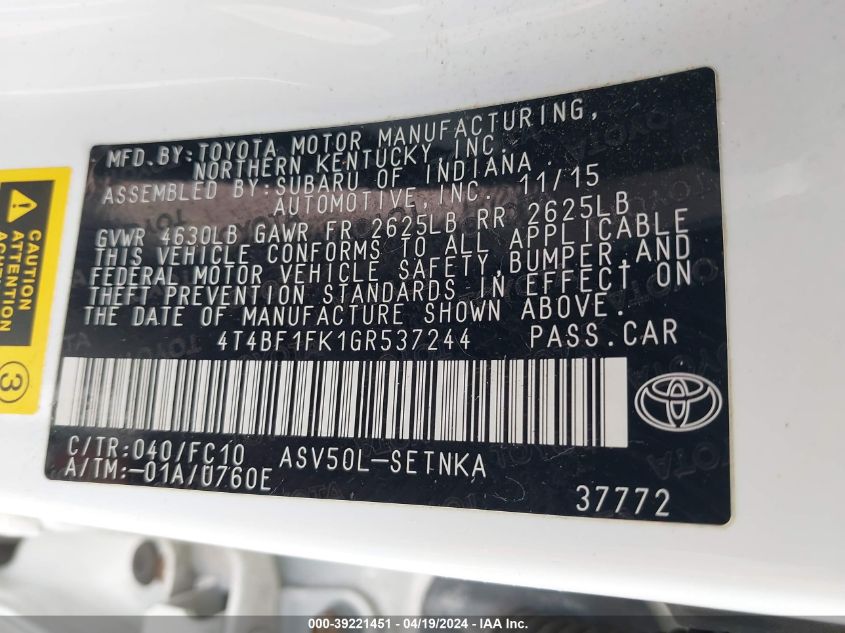 2016 Toyota Camry Le VIN: 4T4BF1FK1GR537244 Lot: 39221451