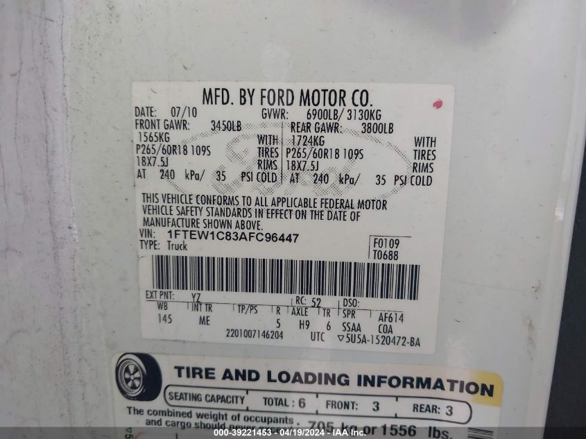 2010 Ford F-150 Fx2 Sport/Xl/Xlt VIN: 1FTEW1C83AFC96447 Lot: 39221453